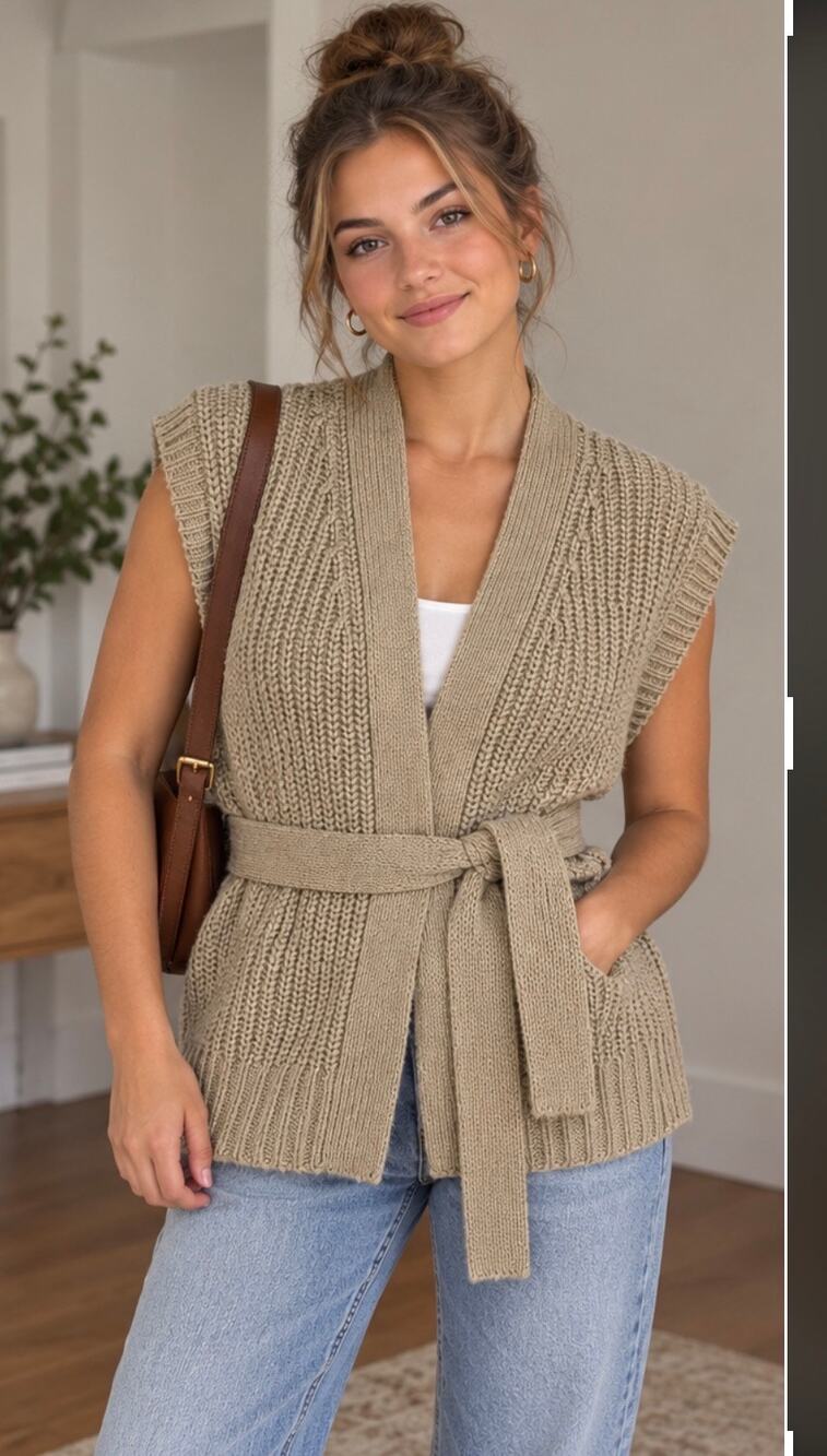 ZARA Beige Cable Knit Sleeveless Cardigan Vest Belted Wrap Cozy Chunky Warm
